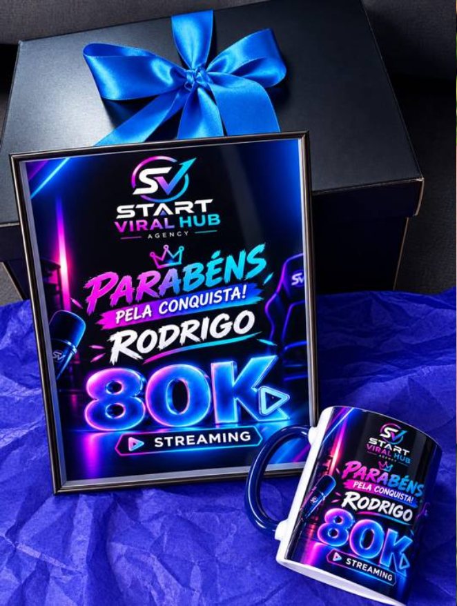 Placa e caneca personalizadas da Start Viral Hub entregues ao Rodrigo pelos 80 mil