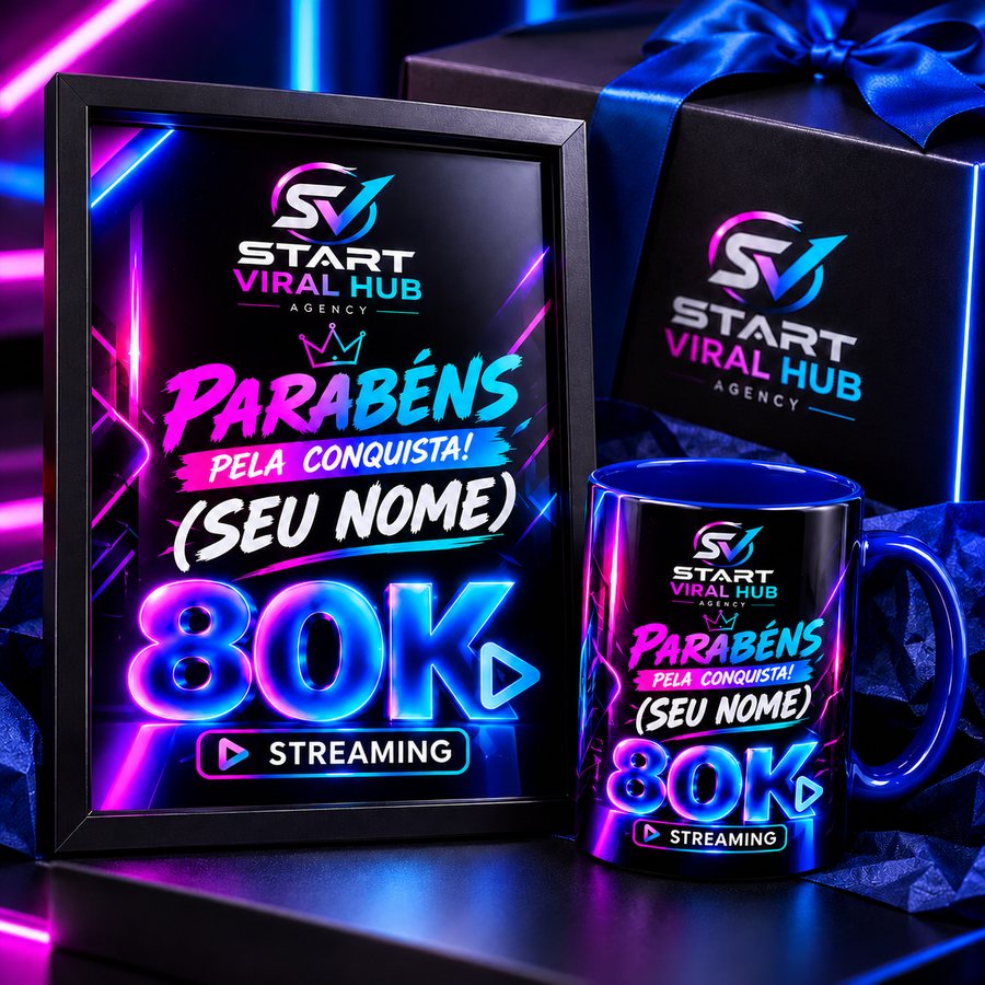 Placa e caneca personalizadas da Start Viral Hub para quem bate 80 mil diamantes no mês